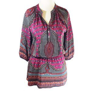 Ya-Da medallion print bohemian silk tunic top, L